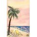 Menu paper with a watercolor painting of a palm tree and a pair of yellow chairs on a beach.