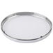 A round silver tray with a white surface.