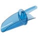 A San Jamar blue plastic scoop in a blue plastic scoop holder on a white background.