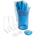 A blue plastic container with a metal holder and lid holding a San Jamar Saf-T-Ice scoop.