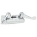 A silver Equip by T&amp;S wall mount faucet base with wrist action handles.
