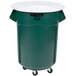 A green Rubbermaid BRUTE trash can with white lid and wheels.