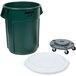 A green plastic Rubbermaid trash can with wheels and a white lid.