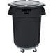 A black Rubbermaid BRUTE executive trash can with wheels and a lid.