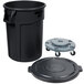 A black Rubbermaid BRUTE trash can with wheels and a lid.