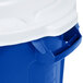 A blue and white Rubbermaid container with a white lid.