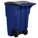 A blue Rubbermaid commercial trash can with a black lid and wheels.