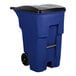 A blue Rubbermaid wheeled rectangular trash can with a black lid and black wheels.