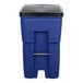 A blue Rubbermaid rectangular wheeled trash can with a black lid.