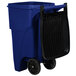 A blue Rubbermaid commercial trash can with wheels and a black lid.