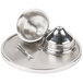A close-up of a silver Cal-Mil stainless steel cake stand.