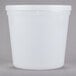 A white translucent round deli container with a lid.
