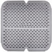 A gray mesh strainer plate with a metal surface and square shape.