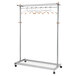 A silver steel Alba double sided coat rack with 6 hangers on it.
