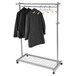 A silver steel Alba double sided coat rack with black jackets on it.