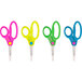 A row of Westcott kids scissors in yellow, blue, green, and pink with blue handles.