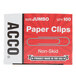 A red box of Acco jumbo paper clips with white and black text.