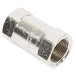 A silver stainless steel pipe fitting with threads.