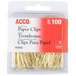 A package of 100 brass Acco paper clips with a gold tone smooth finish.