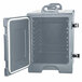 A grey plastic Carlisle Cateraide food pan carrier with a white handle and open door.