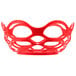 A red plastic open weave basket with holes.