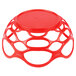 A red plastic open weave basket with chili design.