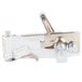A white metal Choice wall mount can opener with a metal latch.