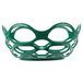 A green plastic open weave basket with holes.