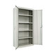 A light gray metal Alera office cabinet with open doors.