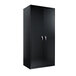 A black Alera steel storage cabinet with two doors and silver handles.