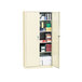 A white metal Alera storage cabinet with shelves full of books and papers.