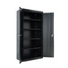 A black metal Alera storage cabinet with open doors and shelves.