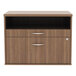A walnut Alera low file cabinet with two drawers and silver handles.
