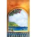 A blue and yellow Mediterranean themed menu paper cover with a painting of a window overlooking the sea.
