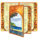 A close-up of a Mediterranean-themed menu cover with a picture of a villa by the sea.
