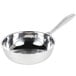A close-up of a silver Vollrath stainless steel saucier pan with a handle.