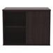An espresso Alera low storage cabinet with a sliding door and two shelves.