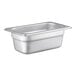 A close-up of a stainless steel Choice 1/9 size steam table pan with a lid.
