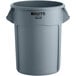 A grey Rubbermaid Brute 55 gallon plastic trash can.
