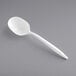 A white plastic Choice medium weight soup spoon on a gray surface.