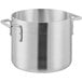 A silver aluminum stock pot with handles.