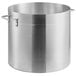 An 80 quart silver aluminum stock pot with handles and a lid.