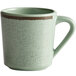 A white melamine coffee mug with brown stripes.