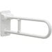 A white metal Bobrick swing-up grab bar with a white vinyl coating.