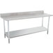 A white rectangular stainless steel work table with a shelf.