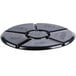 A black plastic circular catering tray with six compartments.