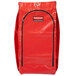 A red Rubbermaid janitor cart bag with a black zipper and logo.