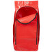 A red bag with black trim and a black zipper.