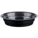 A black Fineline low profile plastic serving bowl with a black lid.