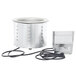 A silver stainless steel Vollrath drop-in soup well with black wires.
